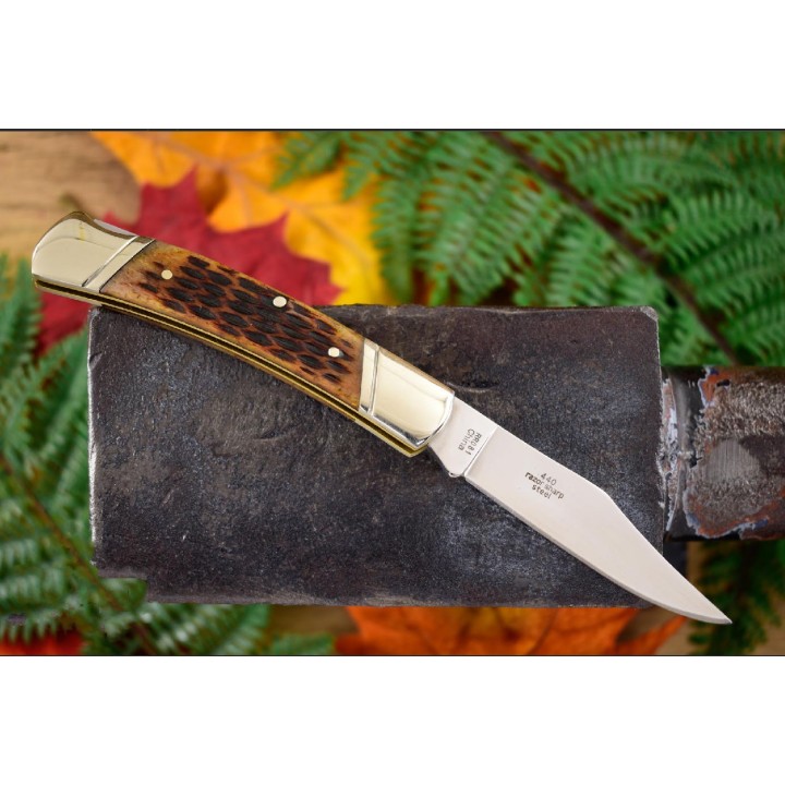 Couteau Rough Rider Amber Bone Manche Os Lame Acier 440 Lockback RR081 - Livraison Gratuite
