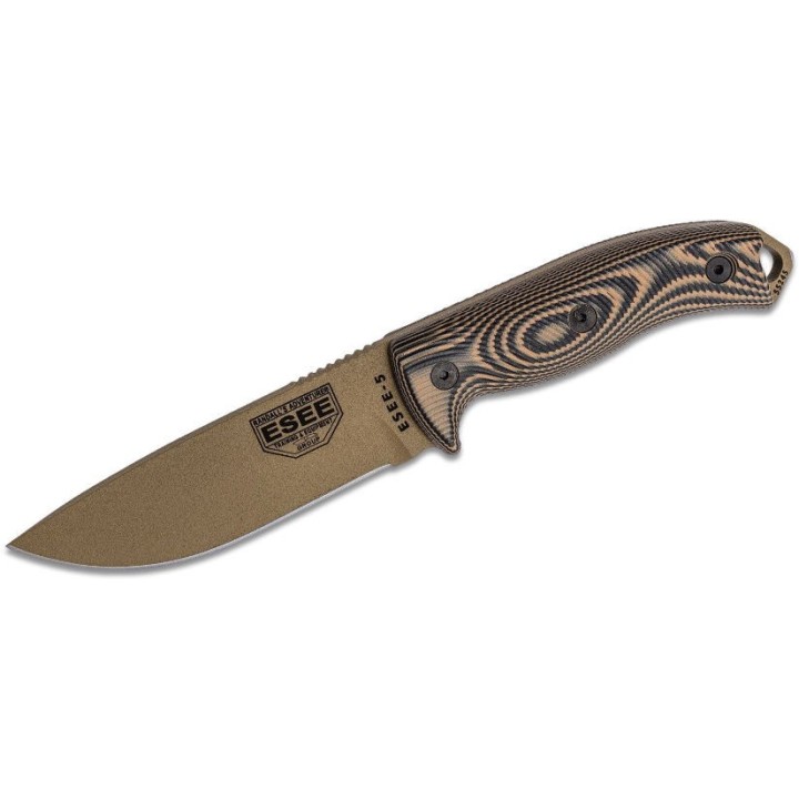 Couteau ESEE Esee-5 Dark Earth Manche Coyote Brown/Black G10 Acier Carbone 1095 Etui Kydex USA ES5PDE0005 - Livraison Gratuite