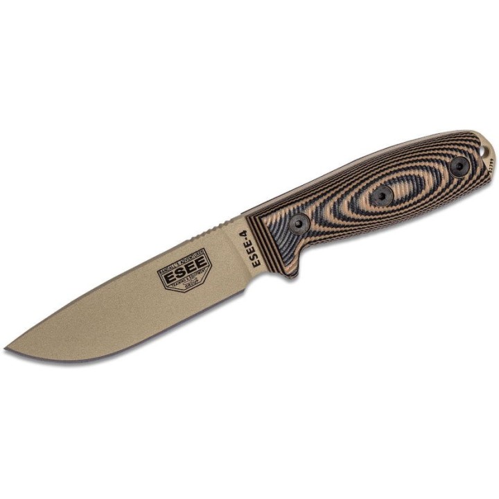 Couteau ESEE Esee-4 Desert Tan Coyote Brown/Black G10 Acier Carbone 1095 Etui Plastic USA ES4PDT005 - Livraison Gratuite