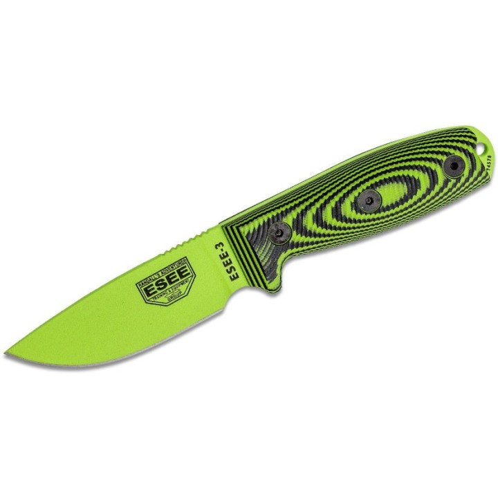 Couteau ESEE Esee-3 Venom Manche Green/Black G10 Acier Carbone 1095 Etui Plastique Made USA ES3PMVG007 - Livraison Gratuite