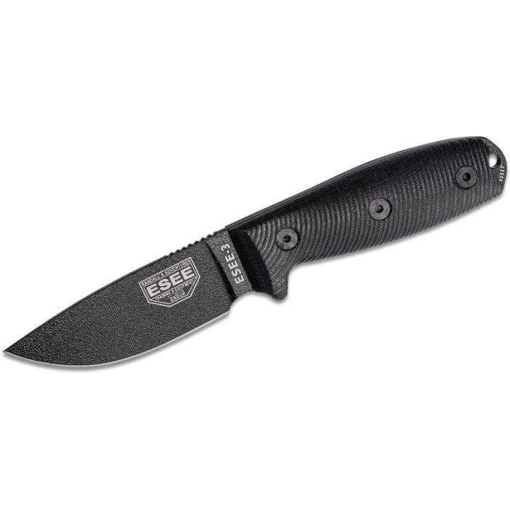 Couteau ESEE Esee-3 Black Manche Black G10 Acier Carbone 1095 Etui Plastique Made USA ES3PMB001 - Livraison Gratuite