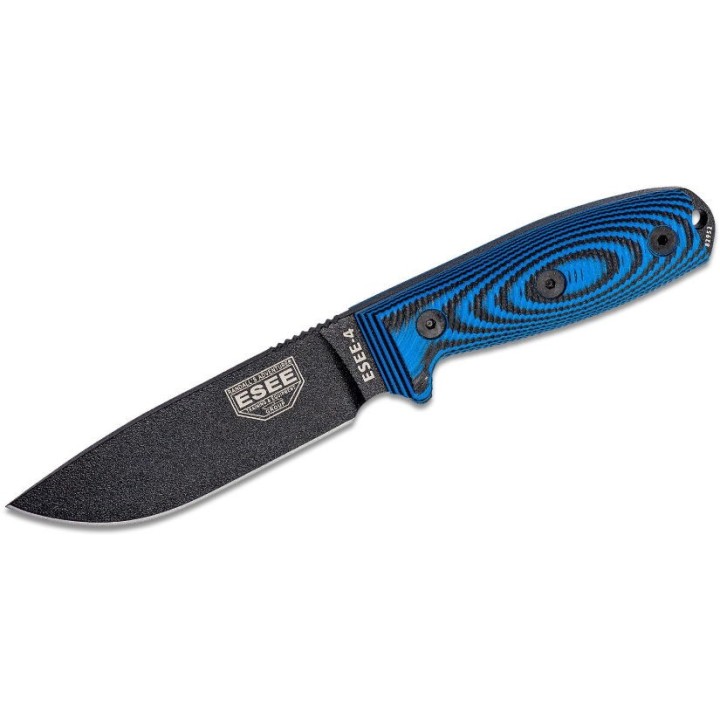 Couteau ESEE Esee-4 Black Manche Blue/Black G10 Acier Carbone 1095 Etui Plastic USA ES4PB008 - Livraison Gratuite