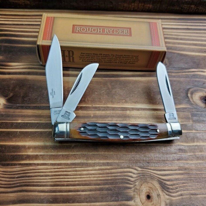 Couteau Rough Rider Stockman Brown Medium Manche Os Lames Acier 440 RR195 - Livraison Gratuite