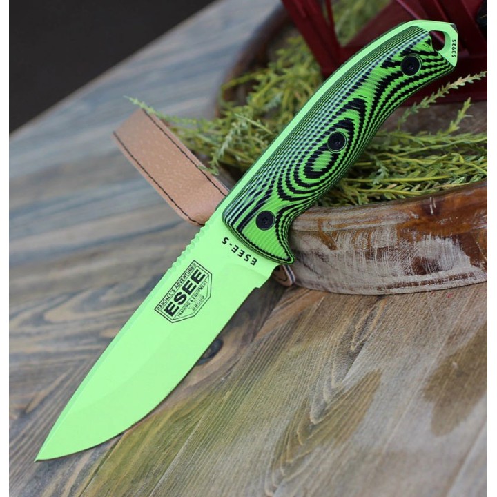 Couteau ESEE Esee-5 OD Venom Green Manche Neon Green G10 Acier Carbone 1095 Etui USA ES5PVG007 - Livraison Gratuite