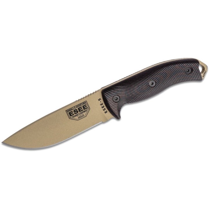 Couteau ESEE Esee-5 Desert Tan Manche Black G10 Acier Carbone 1095 Etui Kydex USA ES5PDT004 - Livraison Gratuite