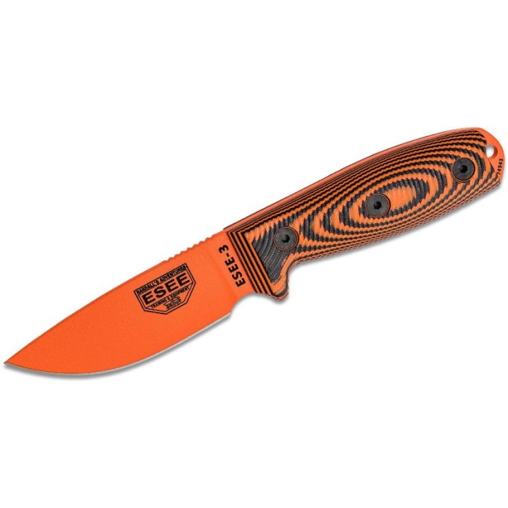 Couteau ESEE Esee-3 Orange Manche Orange/Black G10 Acier Carbone 1095 Etui USA ES3PMOR006 - Livraison Gratuite