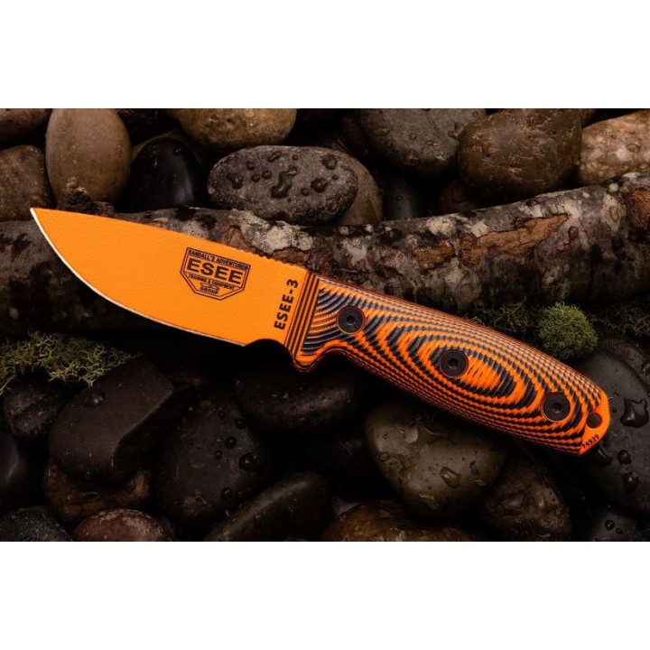 Couteau ESEE Esee-3 Orange Manche Orange/Black G10 Acier Carbone 1095 Etui USA ES3PMOR006 - Livraison Gratuite