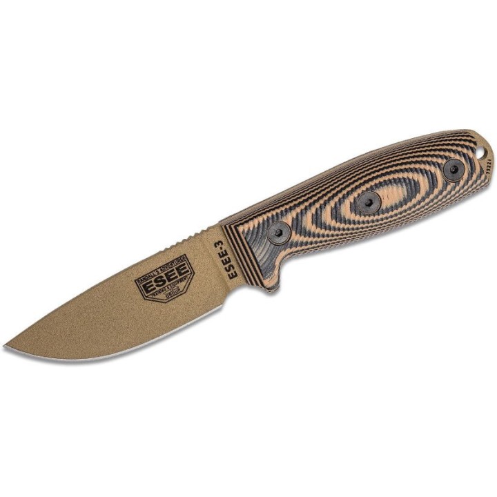 Couteau ESEE Esee-3 Dark Earth Manche Coyote/Black G10 Acier Carbone 1095 Etui Made USA ES3PMDE005 - Livraison Gratuite