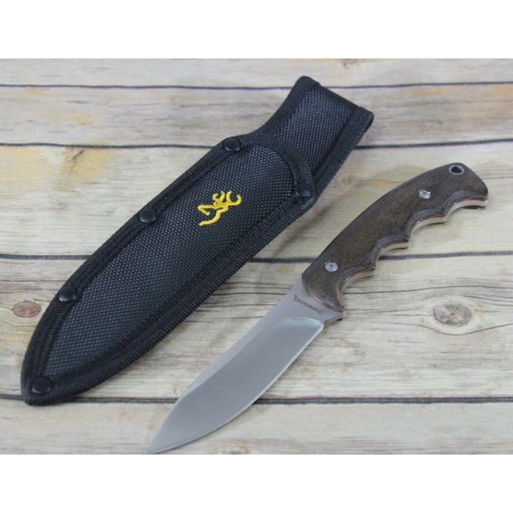 Couteau de Survie Chasse Browning Lame Acier Inox Manche Bois Etui Nylon BR0214 - Livraison Gratuite