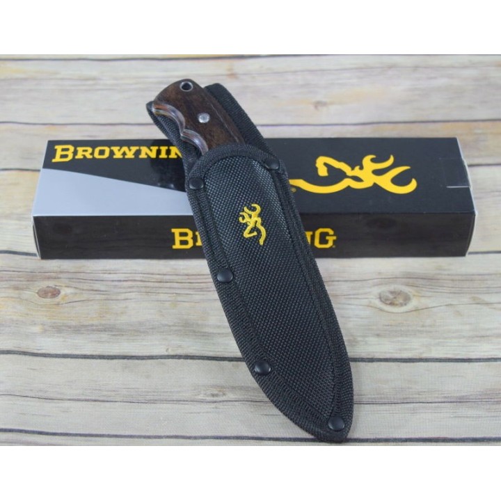 Couteau de Survie Chasse Browning Lame Acier Inox Manche Bois Etui Nylon BR0214 - Livraison Gratuite