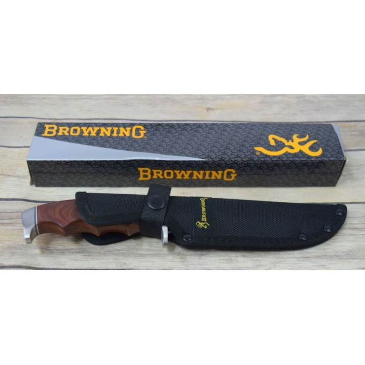 Couteau de Chasse Survie Browning Red Sandalwood Handle Lame Acier Inox Etui Nylon BR0157 - Livraison gratuite