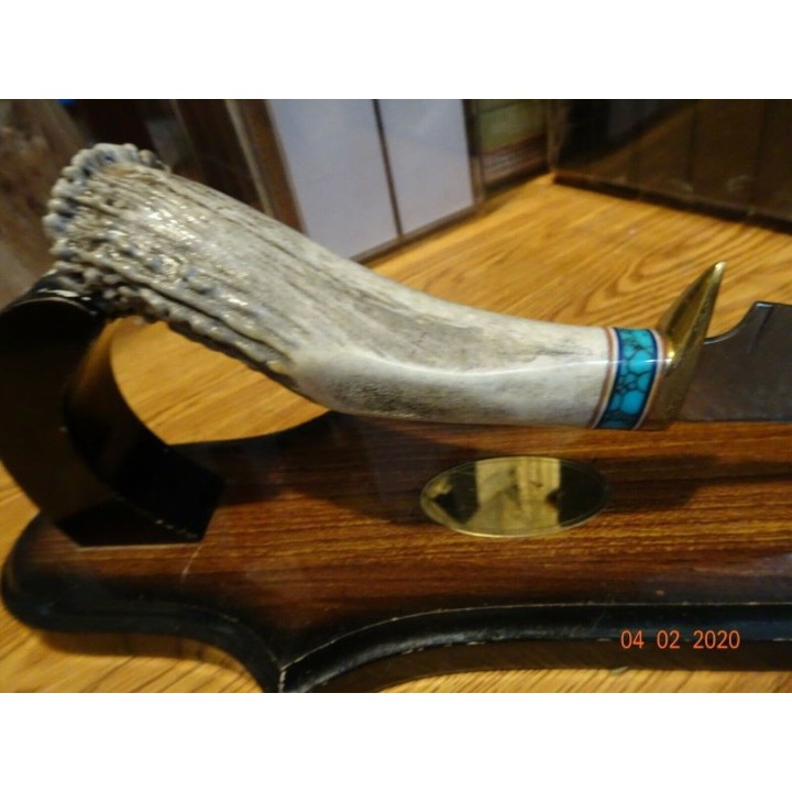Couteau Ken Richardson Bowie Manche Elan/Turquoise Lame Acier 1085HC Etui Cuir USA KRK1405CT - Livraison Gratuite