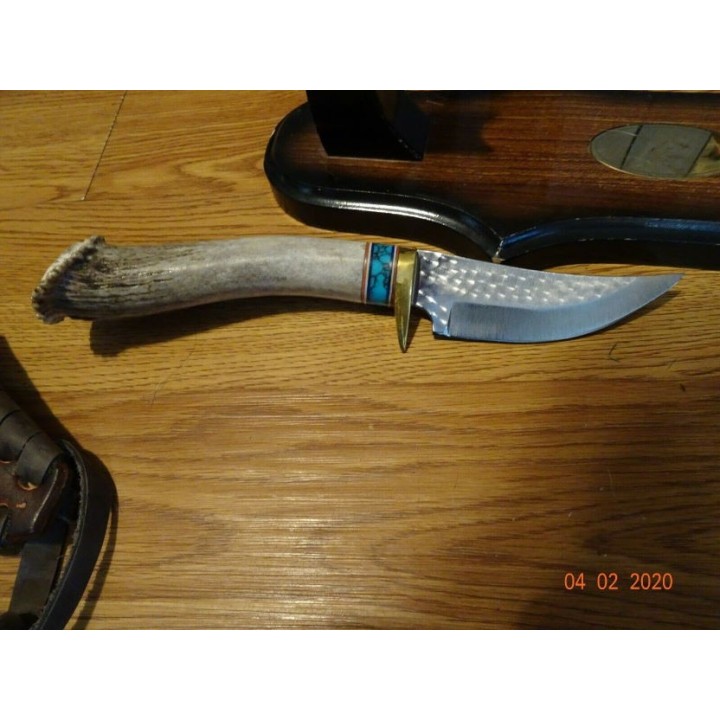 Couteau Ken Richardson Bowie Manche Elan/Turquoise Lame Acier 1085HC Etui Cuir USA KRK1405CT - Livraison Gratuite