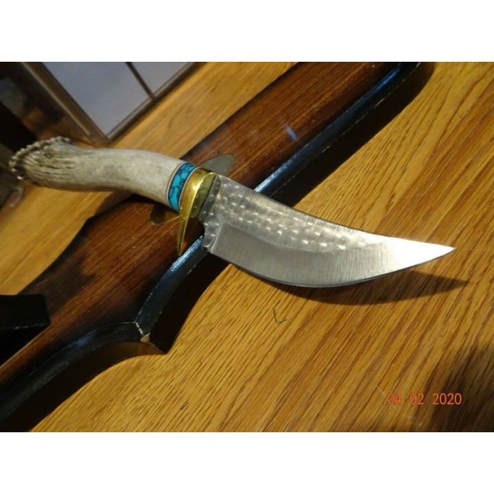 Couteau Ken Richardson Bowie Manche Elan/Turquoise Lame Acier 1085HC Etui Cuir USA KRK1405CT - Livraison Gratuite