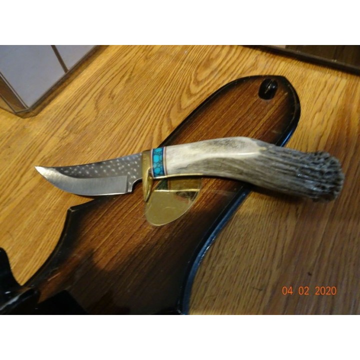 Couteau Ken Richardson Bowie Manche Elan/Turquoise Lame Acier 1085HC Etui Cuir USA KRK1405CT - Livraison Gratuite