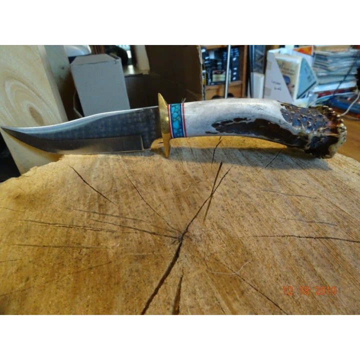 Couteau Ken Richardson Bowie Manche Elan/Turquoise Lame Acier 1085HC Etui Cuir USA KRK1408T - Livraison Gratuite
