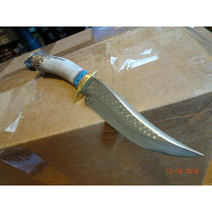Couteau Ken Richardson Bowie Manche Elan/Turquoise Lame Acier 1085HC Etui Cuir USA KRK1408T - Livraison Gratuite