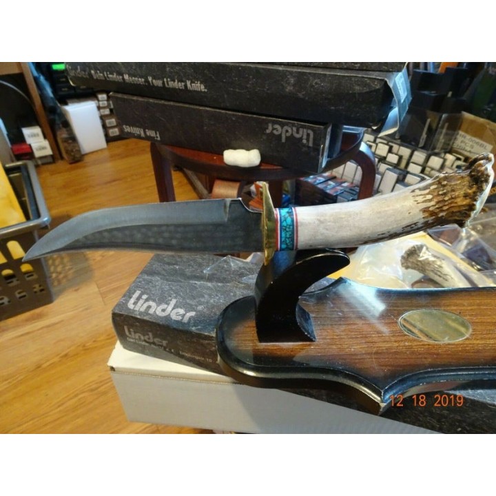 Couteau Ken Richardson Bowie Manche Elan/Turquoise Lame Acier 1085HC Etui Cuir USA KRK1408T - Livraison Gratuite