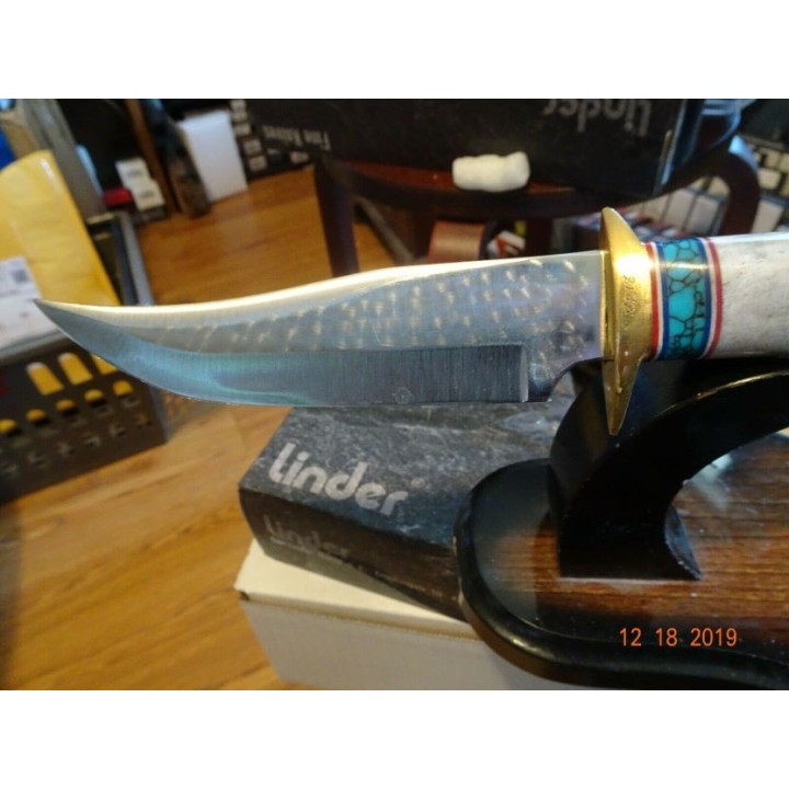 Couteau Ken Richardson Bowie Manche Elan/Turquoise Lame Acier 1085HC Etui Cuir USA KRK1408T - Livraison Gratuite