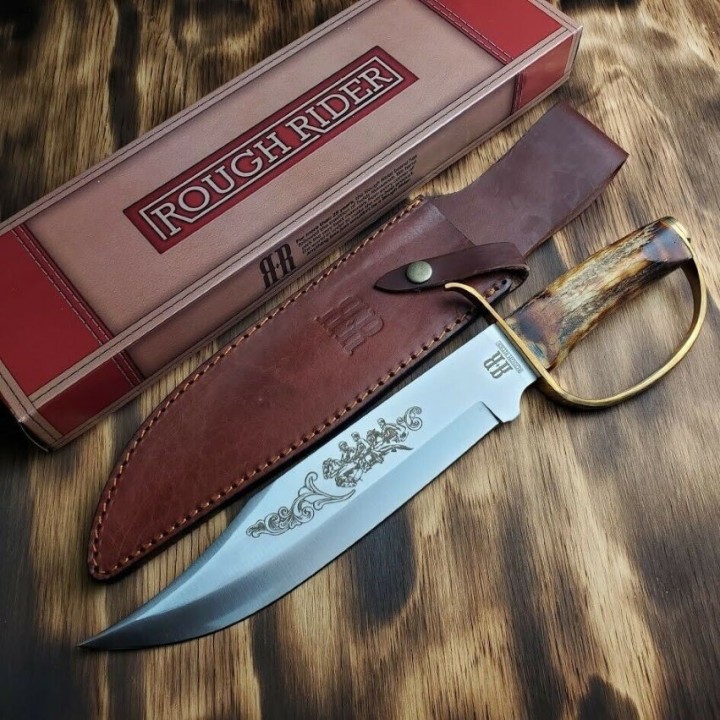 Couteau Bowie Rough Rider D Guard Lame Acier 440 Manche Os Etui Cuir RR1943 - Livraison Gratuite