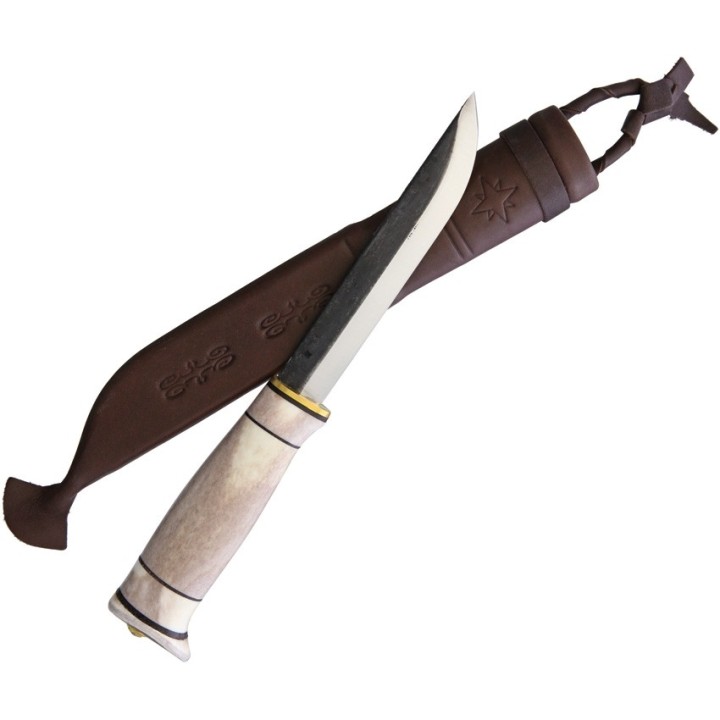 Couteau Kellam PoleStar Lame Acier Carbone Manche Bois de Renne Etui Cuir Finland KLAL125 - Livraison Gratuite