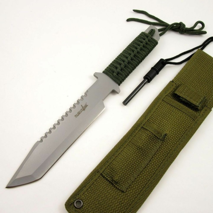 Couteau de Survie Lame Acier Inox Manche Paracorde Etui Nylon + Allume FEU M3371 - Livraison Gratuite