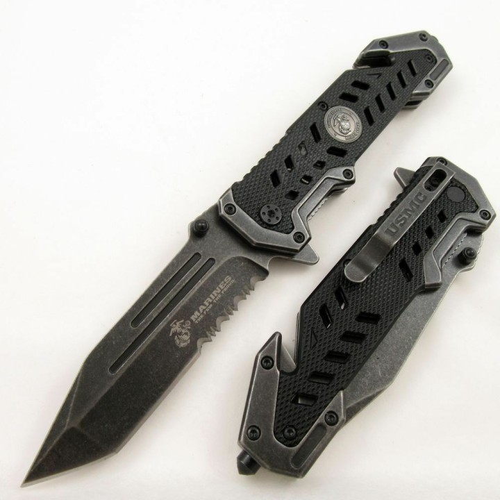 Couteau USMC Marines Rescue A/O Lame Tanto Acier Inox Manche Alum Linerlock Clip USMA1052SW - Livraison Gratuite