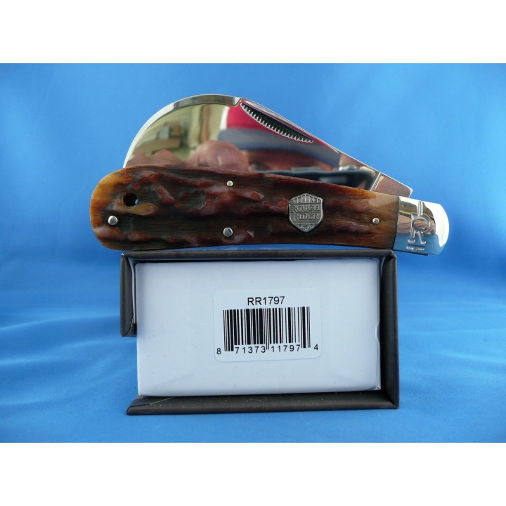 Couteau Serpette Rough Rider Hawkbill Brown Stag Lame Acier 440 Manche Os RR1797 - Livraison Gratuite