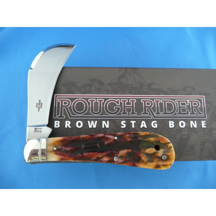 Couteau Serpette Rough Rider Hawkbill Brown Stag Lame Acier 440 Manche Os RR1797 - Livraison Gratuite