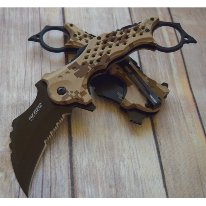 Lot de 2 Couteau Karambit A/O Lame Acier 3Cr13 Manche ABS Camo Linerlock Clip Tac-Force TF945DG - Livraison Gratuite