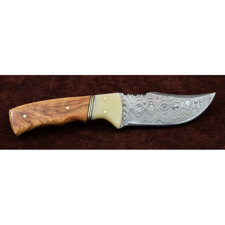 Couteau Damas Hunter Wood and Bone Handle 256 Couches Manche Bois/Os Etui Cuir DM1079 - Livraison Gratuite