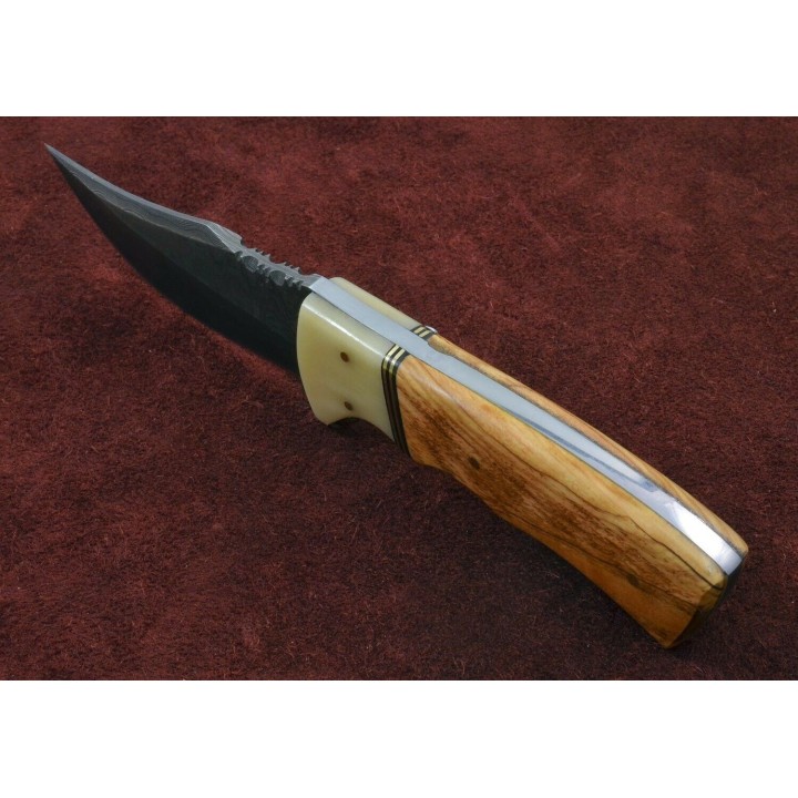 Couteau Damas Hunter Wood and Bone Handle 256 Couches Manche Bois/Os Etui Cuir DM1079 - Livraison Gratuite