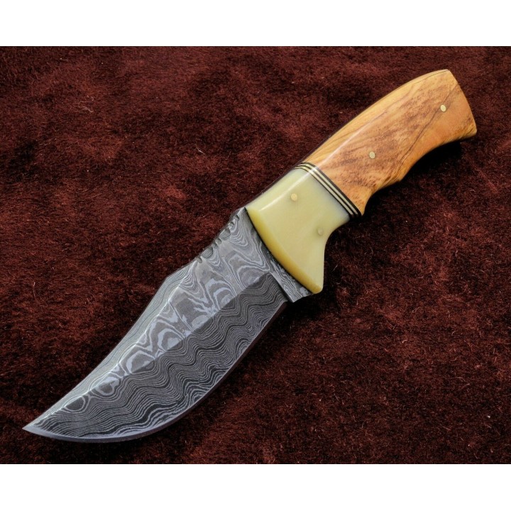 Couteau Damas Hunter Wood and Bone Handle 256 Couches Manche Bois/Os Etui Cuir DM1079 - Livraison Gratuite