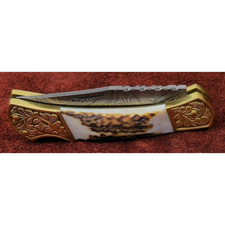 Couteau Damas Lame 128 Couches Manche Bois de Cerf Dos Guilloché DM1163 - Livraison Gratuite