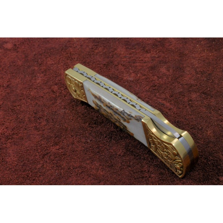 Couteau Damas Lame 128 Couches Manche Bois de Cerf Dos Guilloché DM1163 - Livraison Gratuite