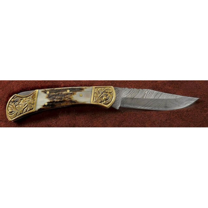 Couteau Damas Lame 128 Couches Manche Bois de Cerf Dos Guilloché DM1163 - Livraison Gratuite