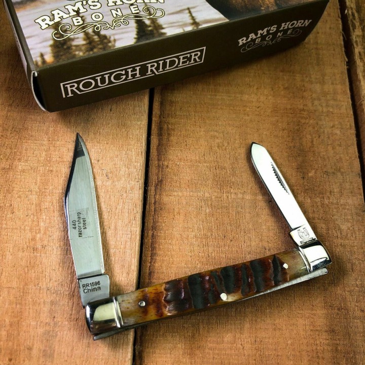 Couteau Rough Rider Stockman Rams Horn 2 Lames Acier 440 Manche Corne de Bélier RR1596 - Livraison Gratuite