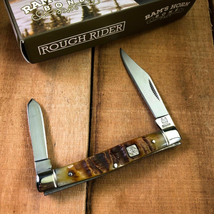 Couteau Rough Rider Stockman Rams Horn 2 Lames Acier 440 Manche Corne de Bélier RR1596 - Livraison Gratuite