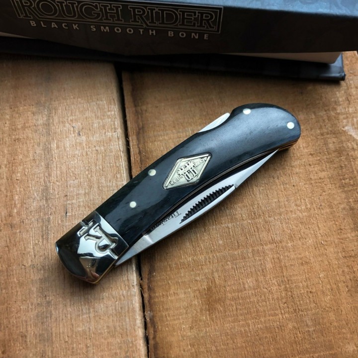 Couteau Rough Rider Black Smooth Bone Lame Titane Manche Os RR1773 - Livraison Gratuite
