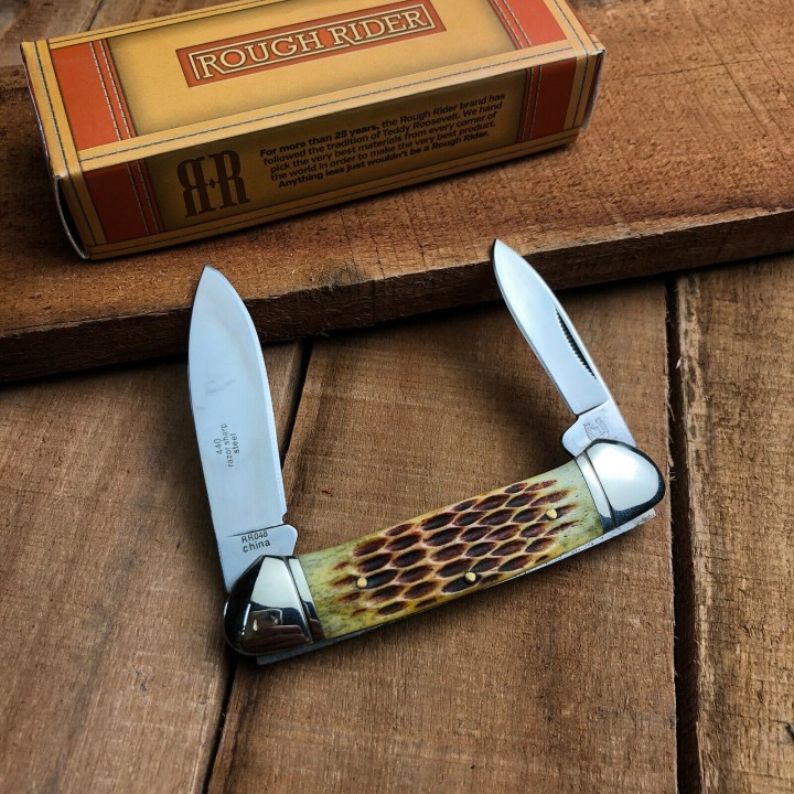 Couteau Rough Rider Canoe Amber 2 Lames Acier 440 Manche Os RR048 - Livraison Gratuite