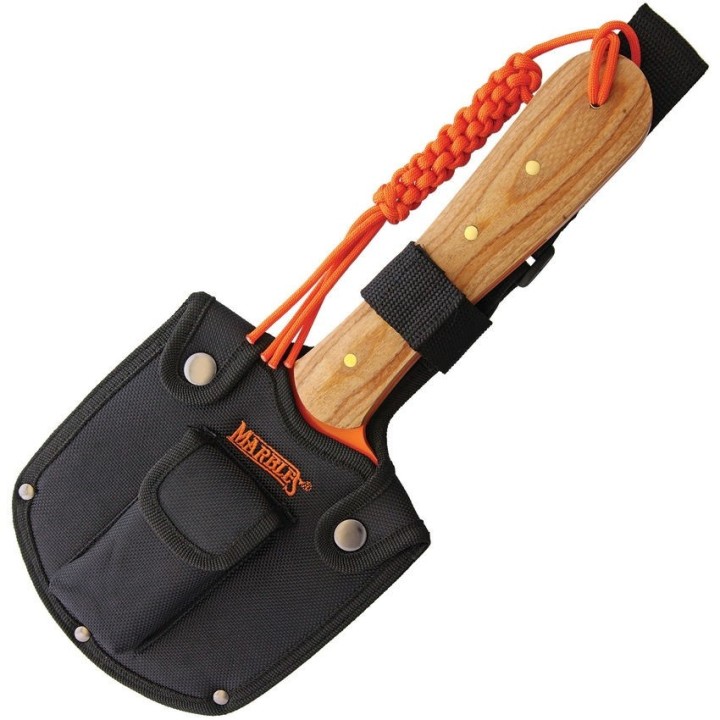 Hache Pelle Marbles Chopper Orange Lame Acier Inox Manche Bois Etui Nylon avec Pierre Affuter MR557 - Livraison Gratuite