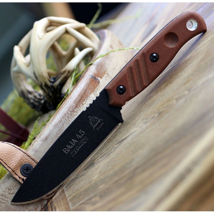 Couteau TOPS Baja 4.5 Reserve Edition Acier Carbone 1095 Manche Micarta Etui Cuir Made USA TPBAJA45R - Livraison Gratuite