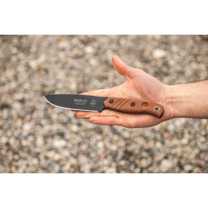 Couteau TOPS Baja 4.5 Reserve Edition Acier Carbone 1095 Manche Micarta Etui Cuir Made USA TPBAJA45R - Livraison Gratuite
