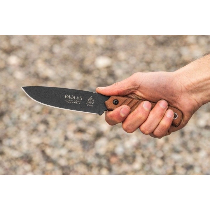 Couteau TOPS Baja 4.5 Reserve Edition Acier Carbone 1095 Manche Micarta Etui Cuir Made USA TPBAJA45R - Livraison Gratuite