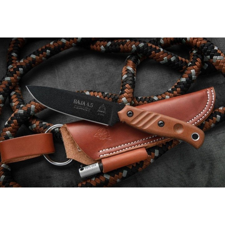Couteau TOPS Baja 4.5 Reserve Edition Acier Carbone 1095 Manche Micarta Etui Cuir Made USA TPBAJA45R - Livraison Gratuite