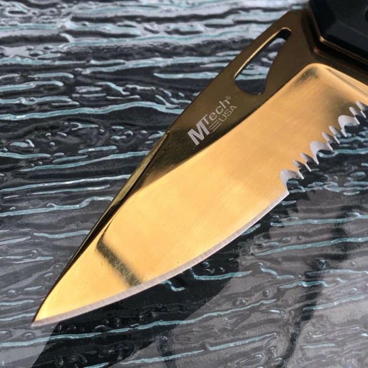 Couteau Mtech Ballistic Gold A/O Lame Acier Inox Serrated Manche ABs Ouvre Bouteilles MTA705BG - Livraison Gratuite