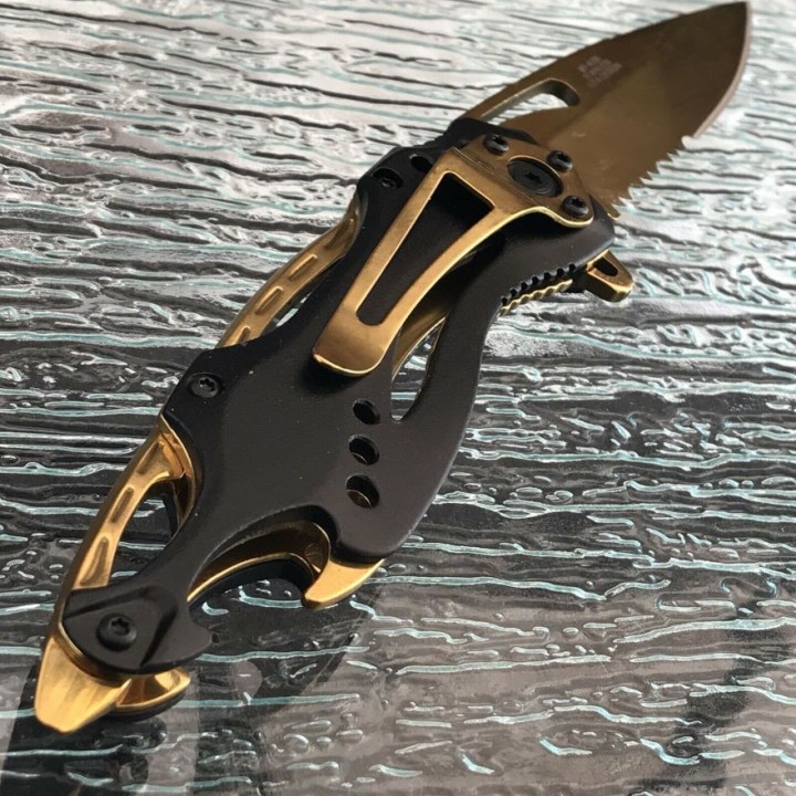Couteau Mtech Ballistic Gold A/O Lame Acier Inox Serrated Manche ABs Ouvre Bouteilles MTA705BG - Livraison Gratuite