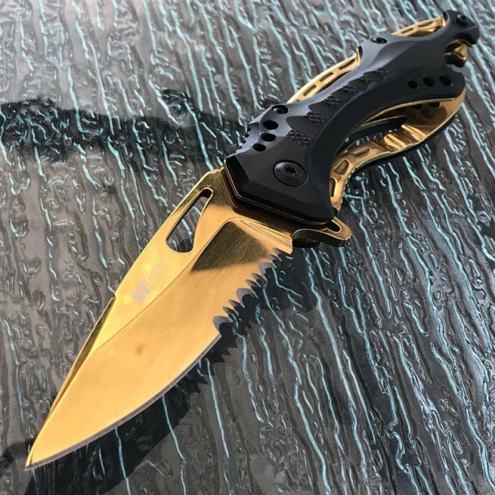 Couteau Mtech Ballistic Gold A/O Lame Acier Inox Serrated Manche ABs Ouvre Bouteilles MTA705BG - Livraison Gratuite