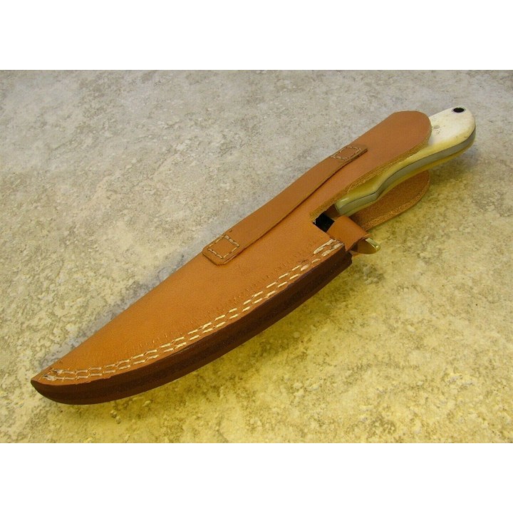 Couteau Bowie Lame Damas 256 Couches Manche Os Etui Cuir DM1089BO - Livraison Gratuite