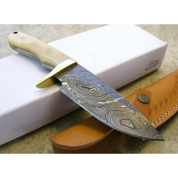 Couteau Bowie Lame Damas 256 Couches Manche Os Etui Cuir DM1089BO - Livraison Gratuite